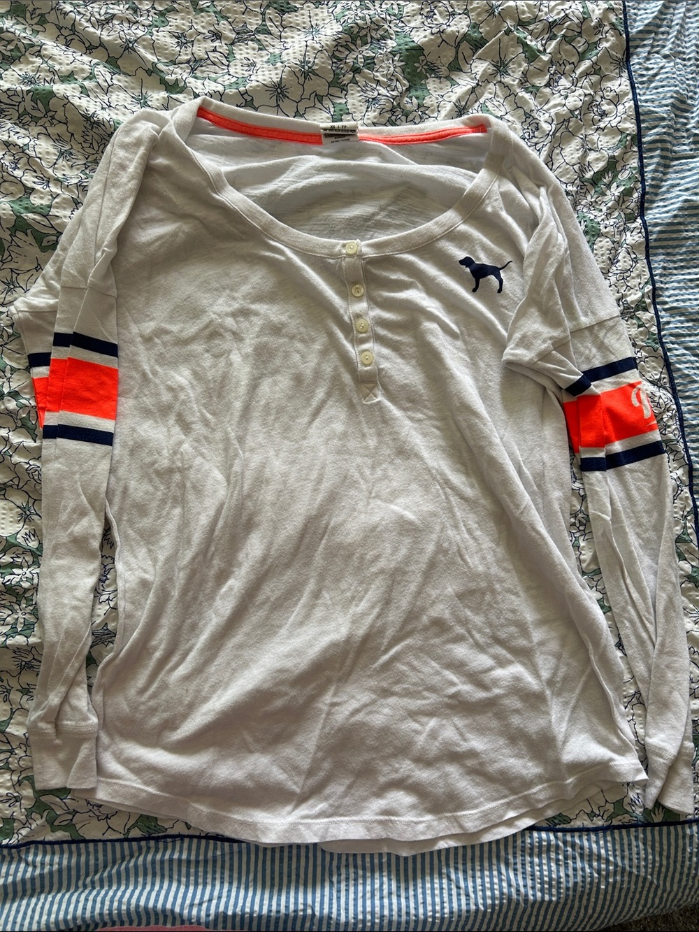 PINK VS White Long-Sleeve Henley Top with Neon Orange & Navy Stripes